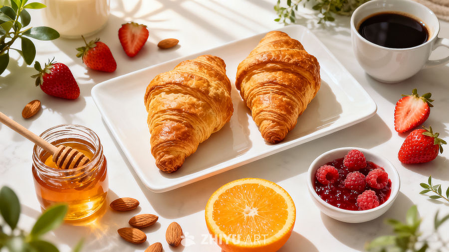 法式早餐白盘摆着羊角面包搭配咖啡蜂蜜莓果橙子清新诱人下午茶