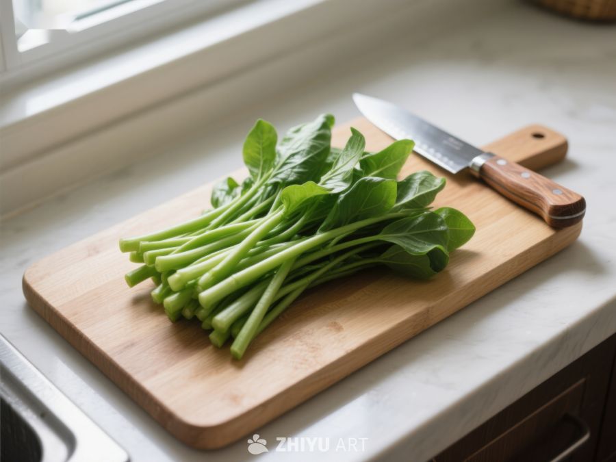 新鲜绿叶蔬菜置于木质砧板上 482