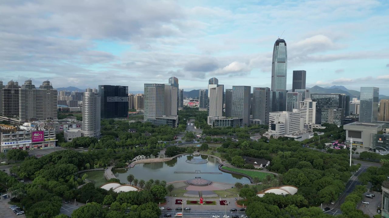 航拍台州市民广场水景公园