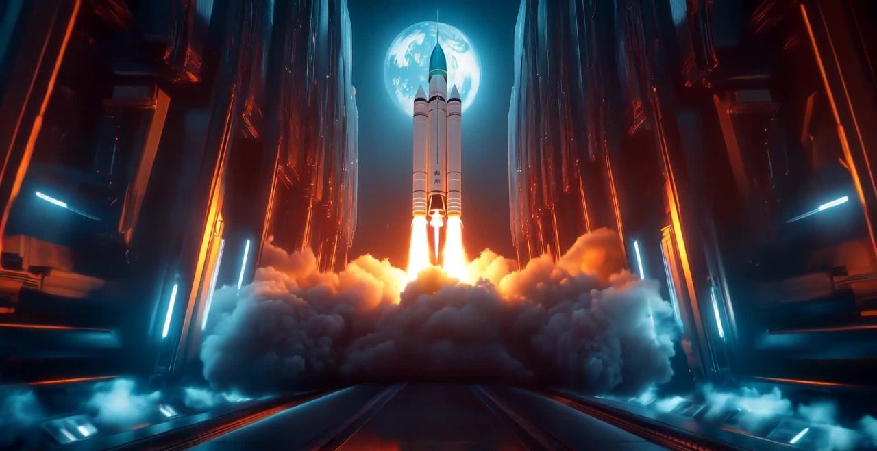 科幻火箭发射：冲向月球，开启星际探索。