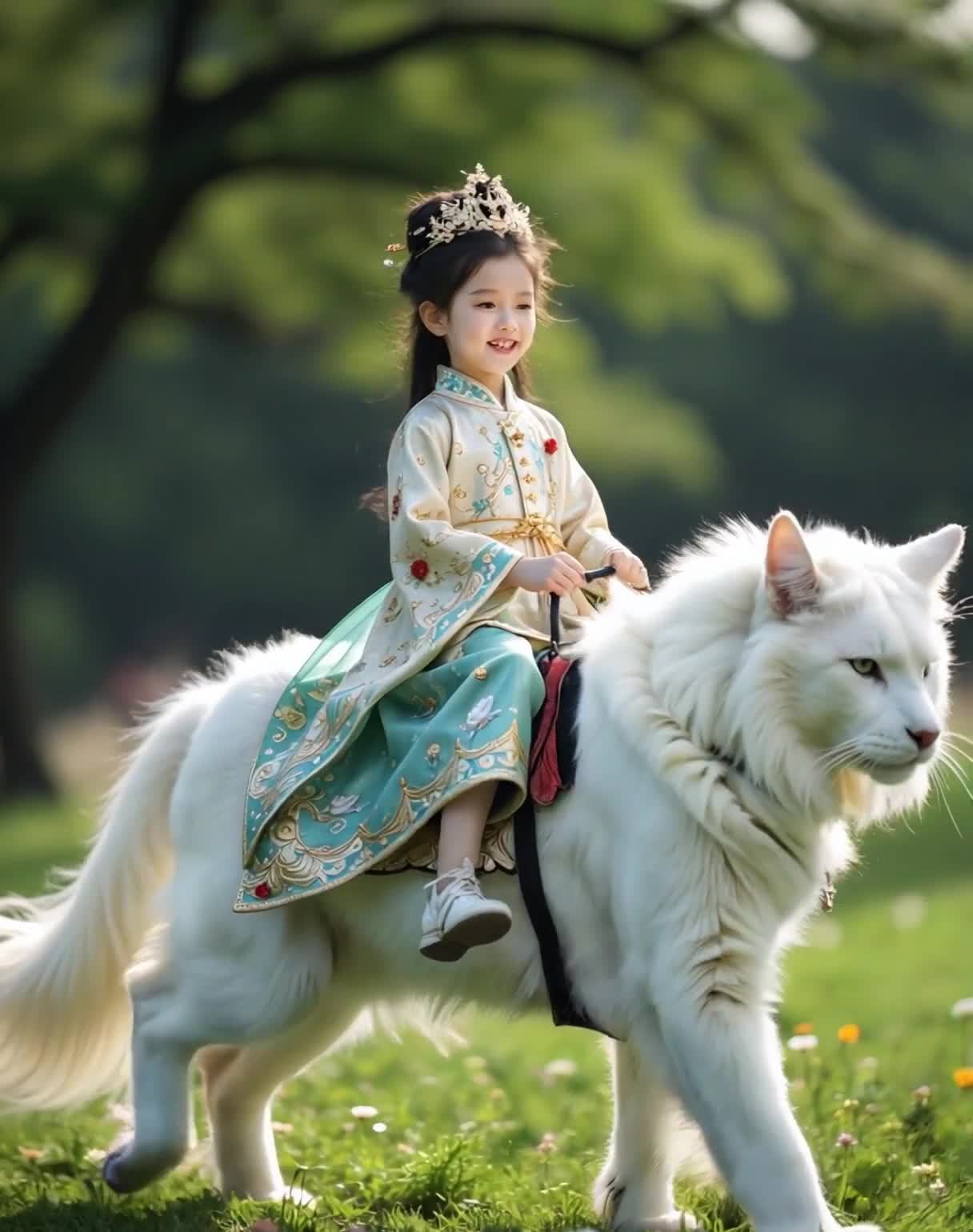 一位小女孩骑在一只巨大的白色猫科动物上，猫科动物缓