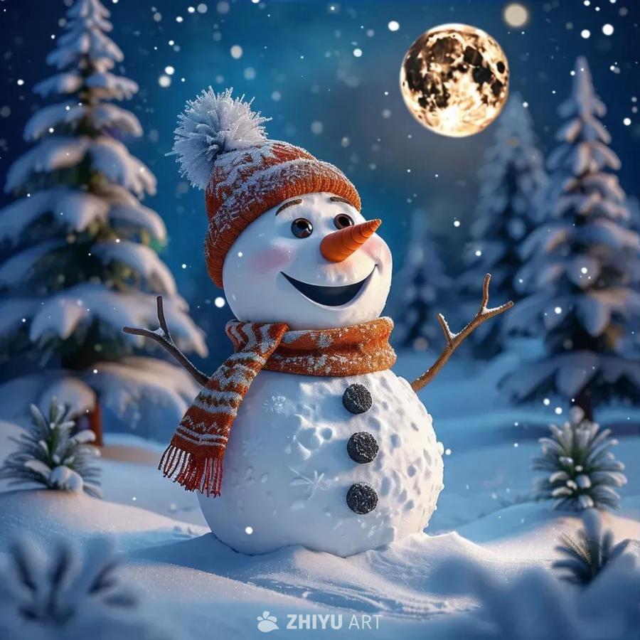 戴着橙色帽子和围巾的雪人站在雪地里，雪人有胡萝卜鼻