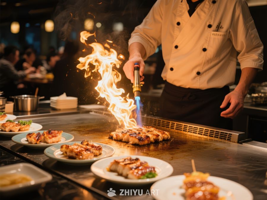 铁板烧厨师现场火焰烹饪美食 1187