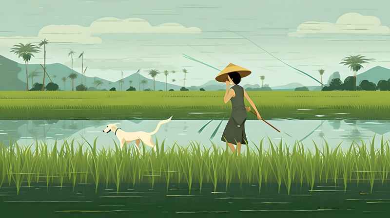 妇女站在稻田与狗，绿色插画风格 13
