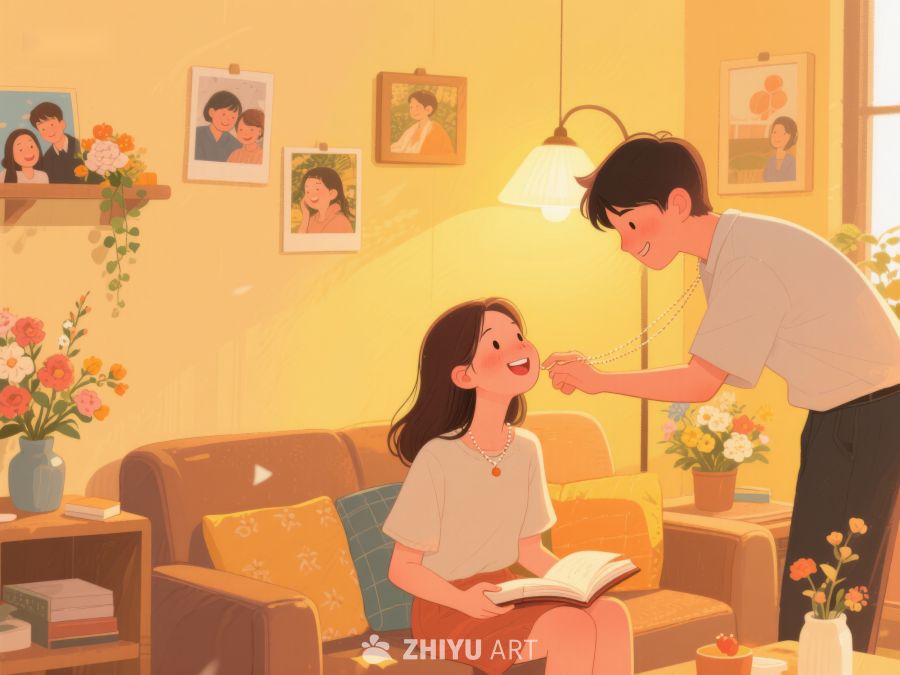 温馨室内，男子为女子戴项链 801