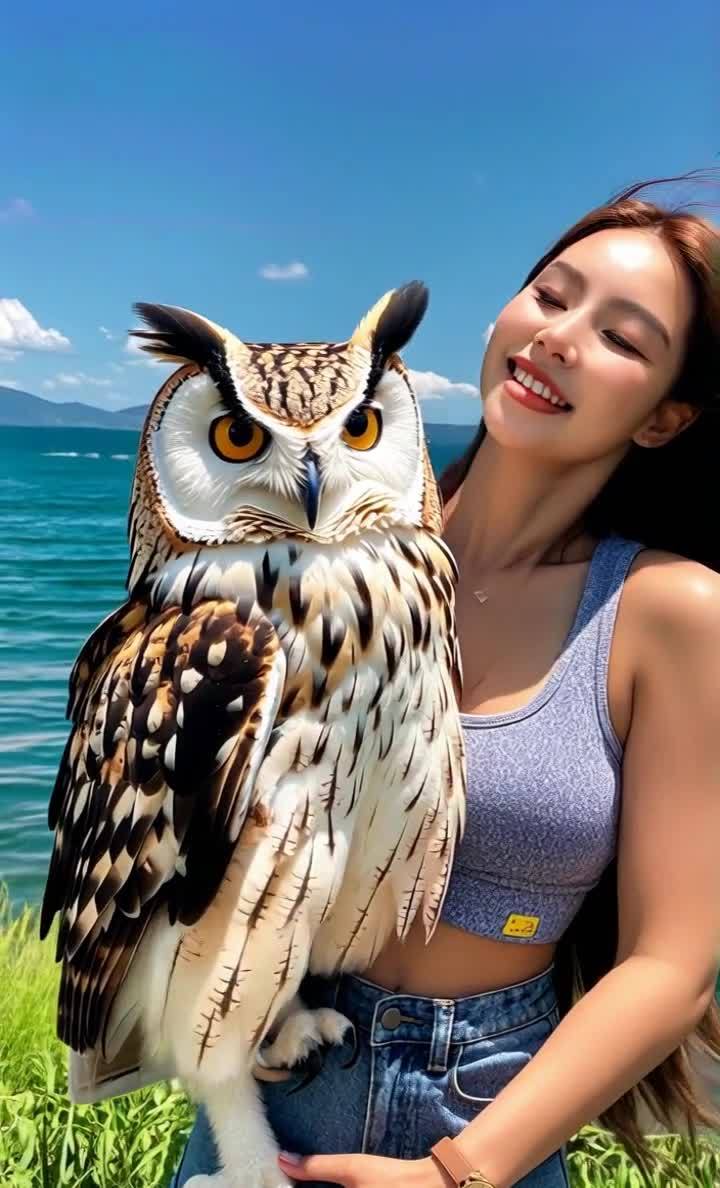 一位女性站在室外，怀里抱着一只猫头鹰，面带微笑。背