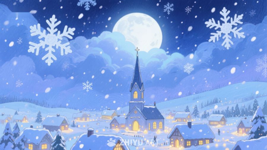 雪夜小镇与教堂 481