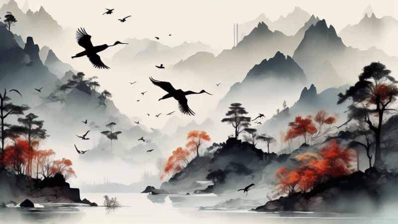 国风山水鹤插画背景 39