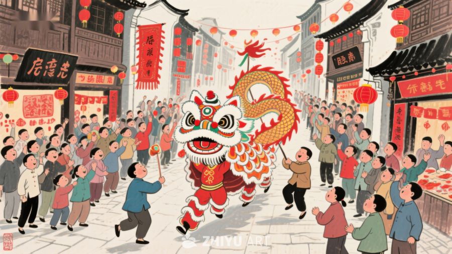 热闹街头舞狮表演 108