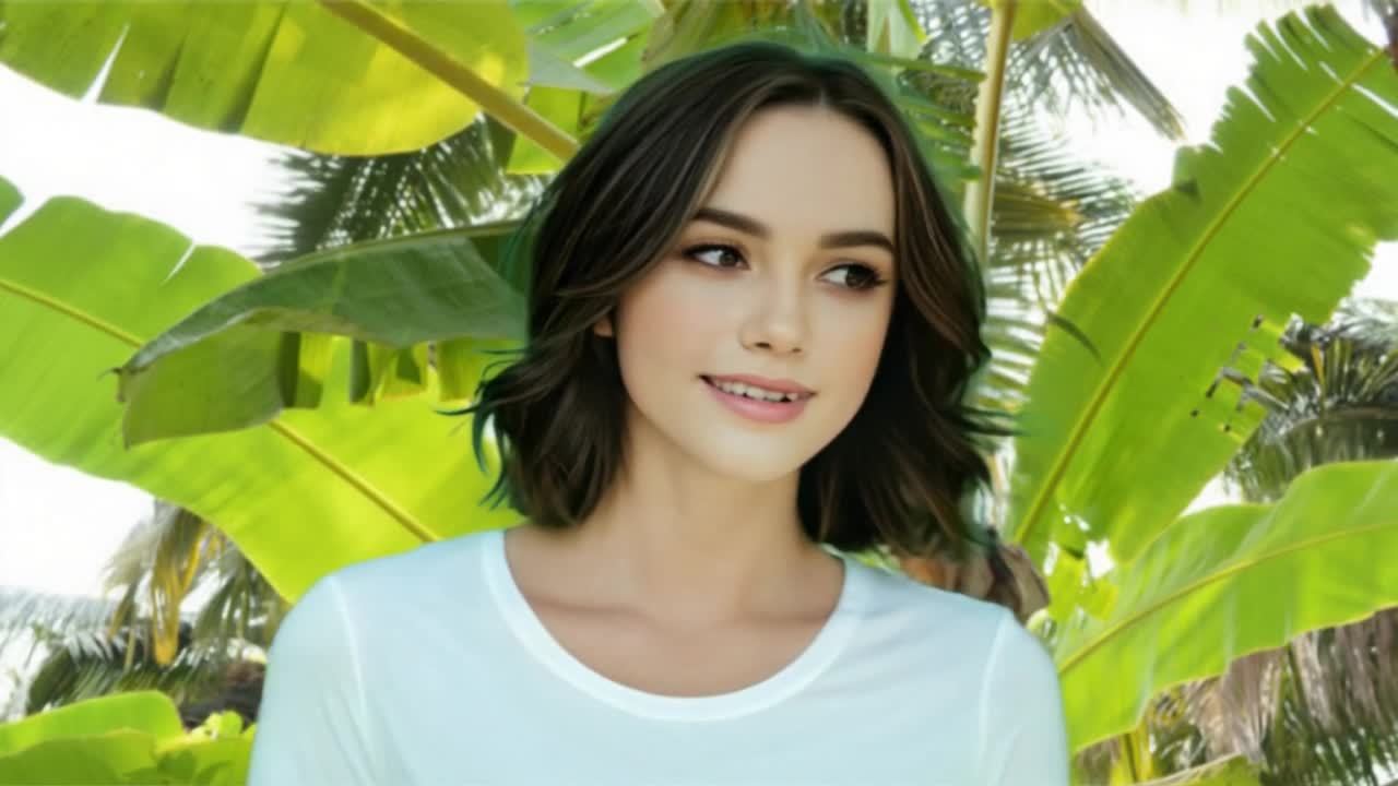 一个穿着白色上衣的女性，头发是深色的，她站在一些大