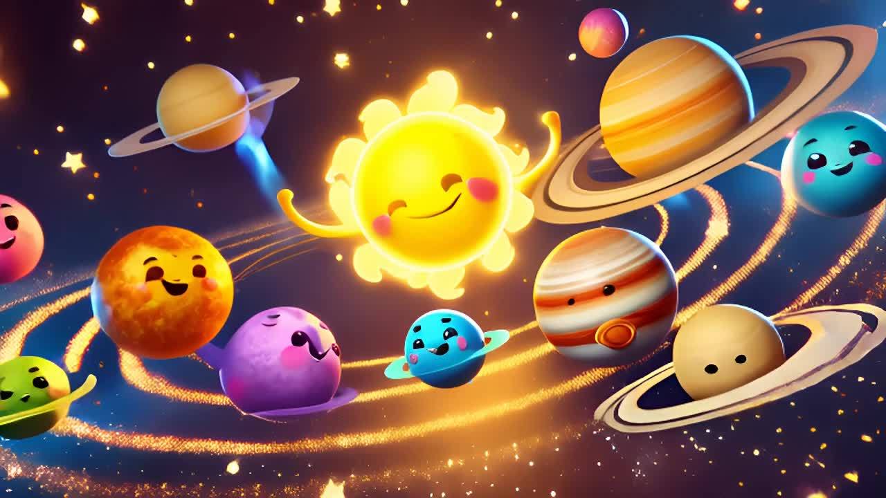 太阳系行星伙伴们围绕着中心的发光微笑太阳快乐地舞蹈