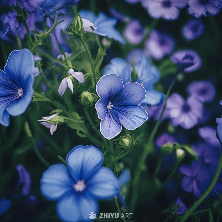 特写镜头下的一个花园，花园中充满各种蓝色、紫色和白