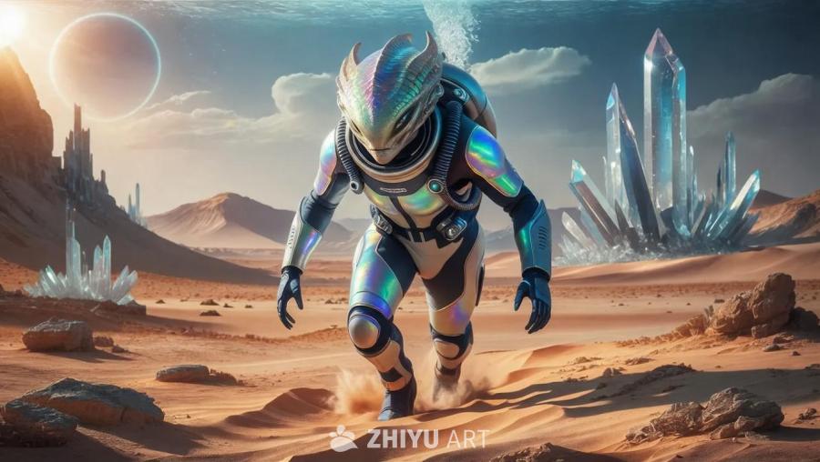 一个水生类人外星人穿着潜水服站在陆地上，周围是沙漠