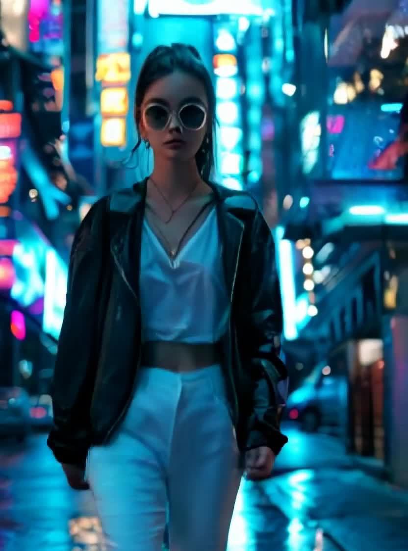霓虹街道女子，墨镜皮夹克，时尚夜景风格
