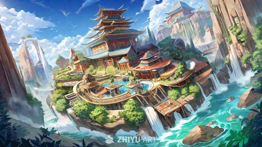 一个巨大的超现实古典景观，一个奇幻的天空朋克城市景