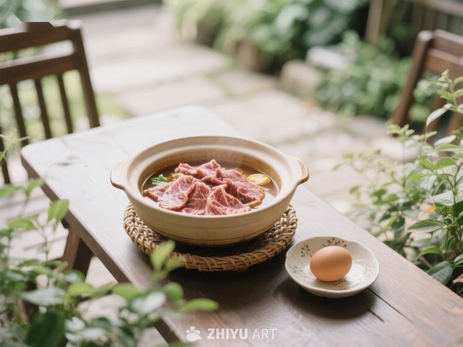 砂锅牛肉与鸡蛋的静谧庭院美食 659