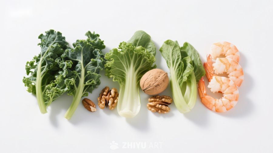 健康食材：绿叶蔬菜、坚果与虾