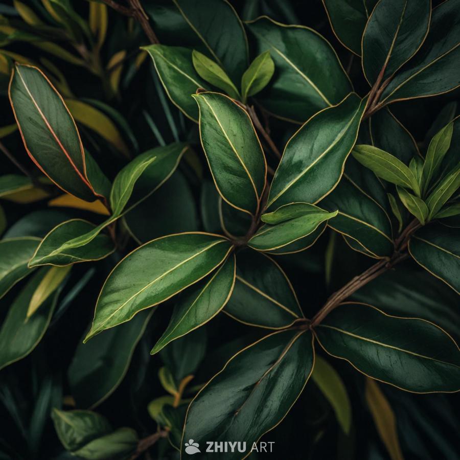 特写镜头展示了一株茂盛的绿色植物，叶子品种繁多。这