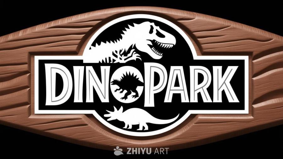 一个矩形的木质标志，上面有白色的“DINOPARK