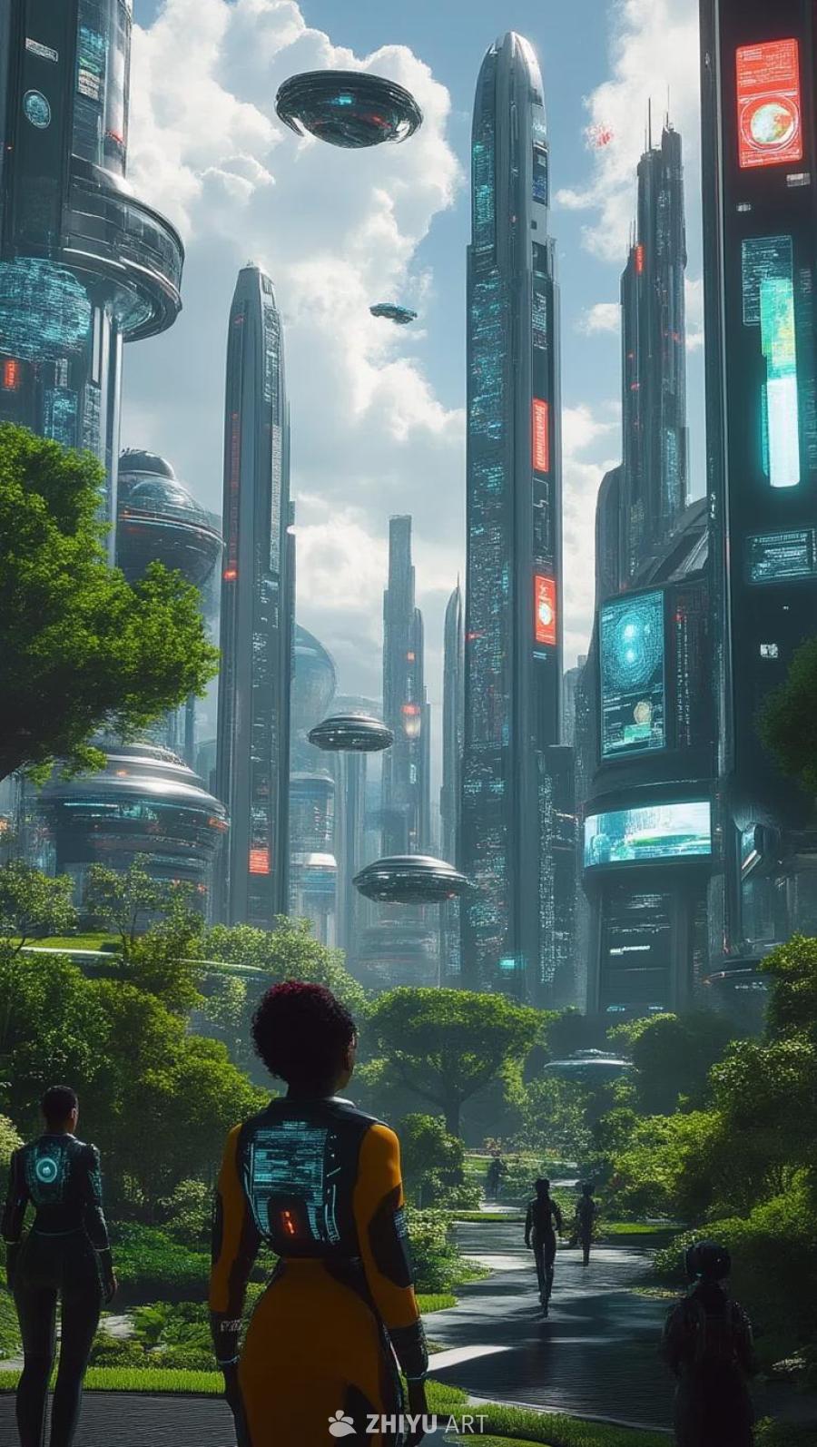 未来城市景观，高耸的摩天大楼鳞次栉比，空中漂浮着碟