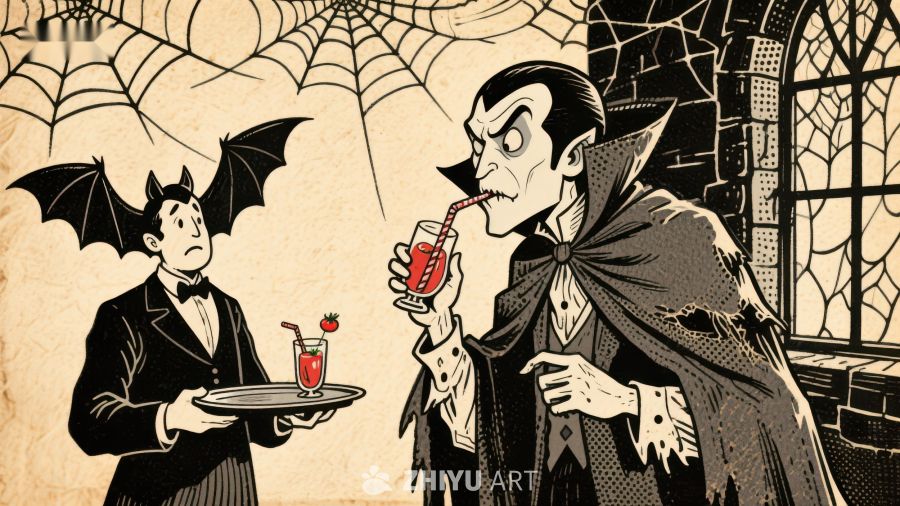 吸血鬼享用鸡尾酒，蝙蝠侍者在一旁