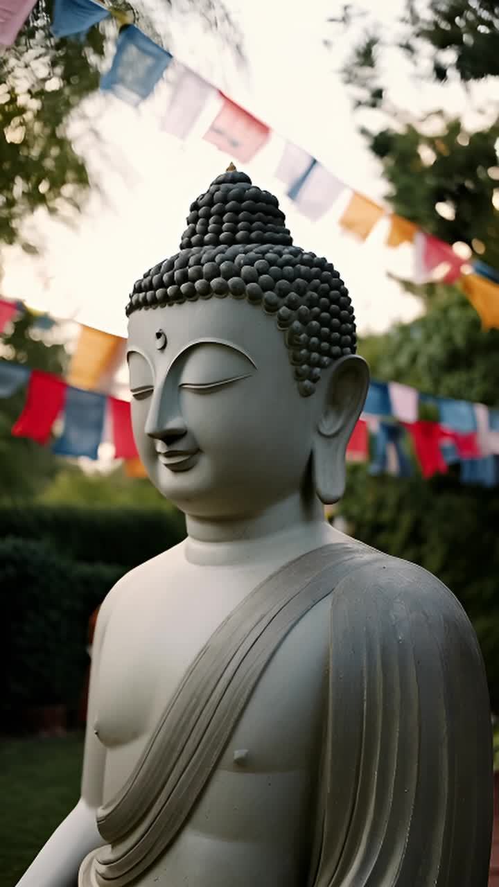 一个静止的低角度镜头展示了寺庙花园中一尊散发着宁静