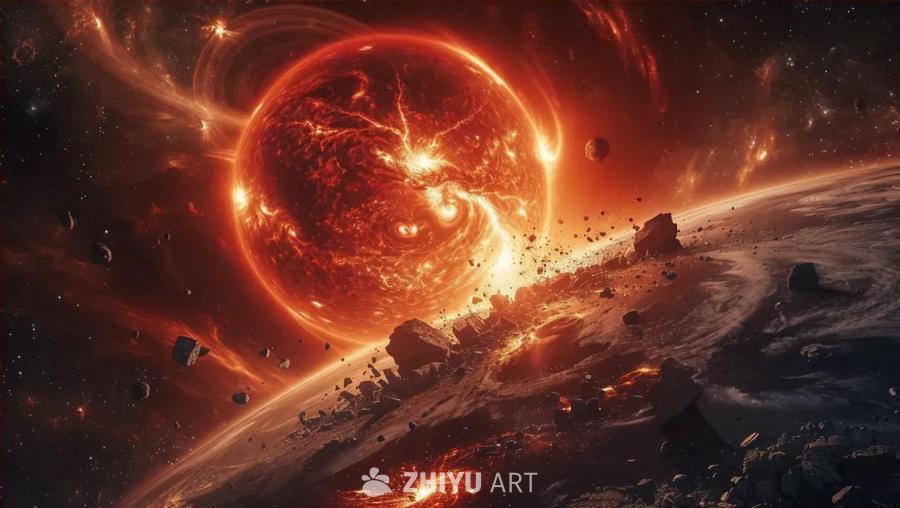 一个破碎成两半的行星围绕一颗红超巨星运行。该行星表