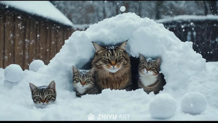 在白雪皑皑的院子里，一群猫躲在一个雪堡后面。一只体