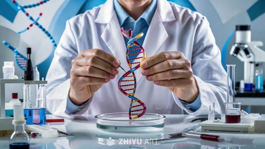 一只手正在操作DNA。这只手穿着白色的实验服，正小