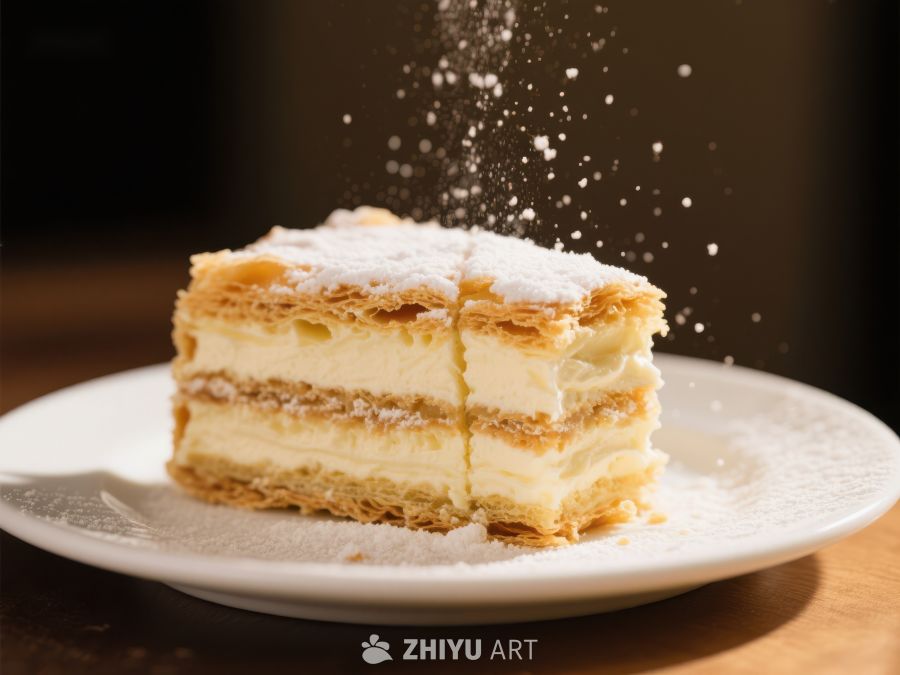 奶油酥皮蛋糕撒糖粉瞬间