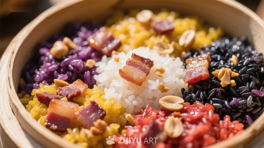 五彩糯米饭，丰富食材点缀