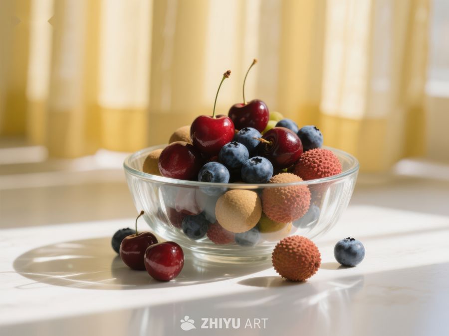 玻璃碗中的新鲜水果与毛绒球 14