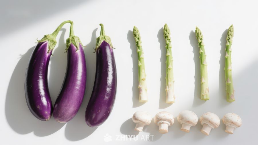 茄子芦笋与蘑菇排列展示
