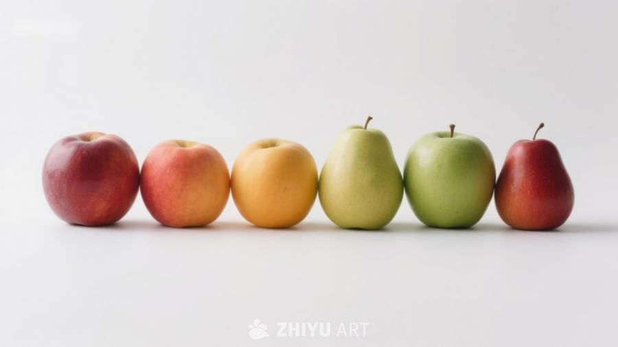 色彩渐变的苹果与梨排列
