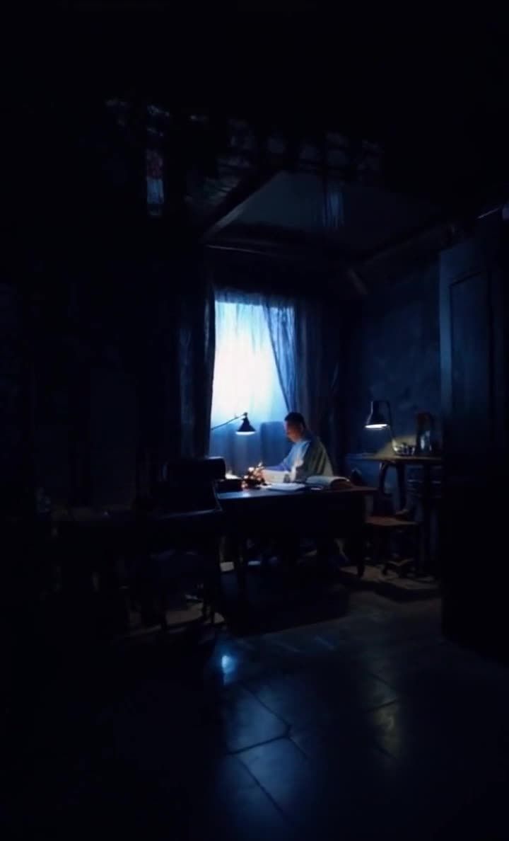 昏暗房间内，男子在书桌前伏案写作。
