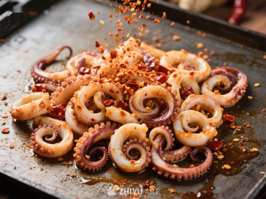 香辣鱿鱼卷热炒特写