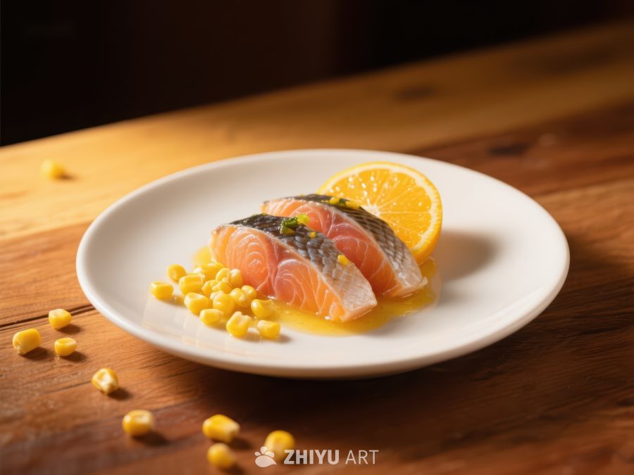 三文鱼配玉米与橙片的美味摆盘 1045