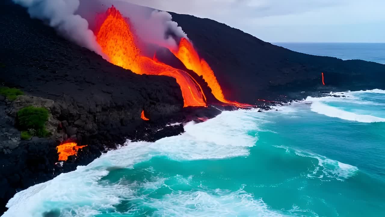火山爆发：炽热的岩浆从皮通德富尔奈斯火山的山坡上流