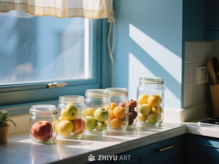 阳光洒落的厨房台面与水果罐 729
