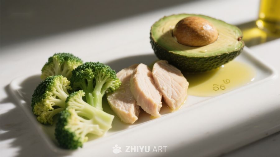 鸡肉西兰花牛油果摆盘