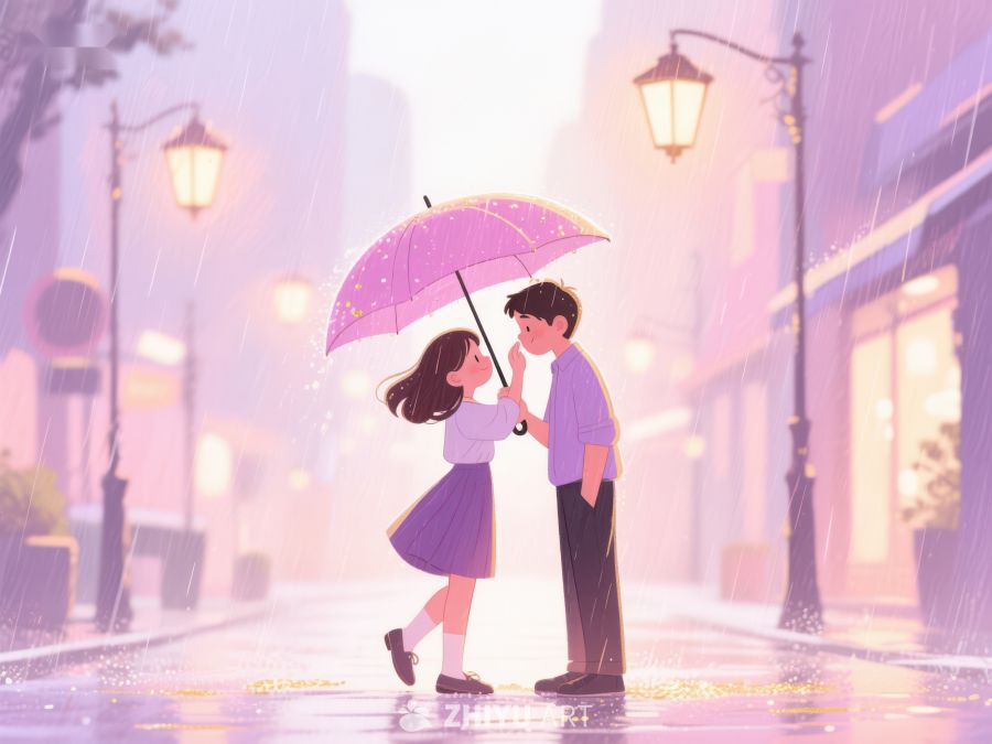 雨中情侣共享粉色雨伞 1172