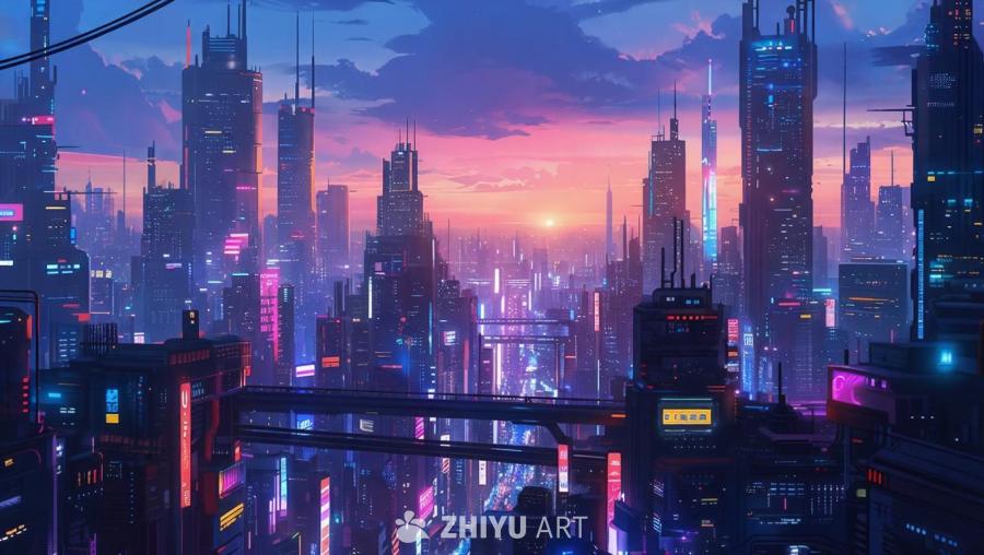 画面展现了一幅赛博朋克风格的城市景观。高耸的摩天大