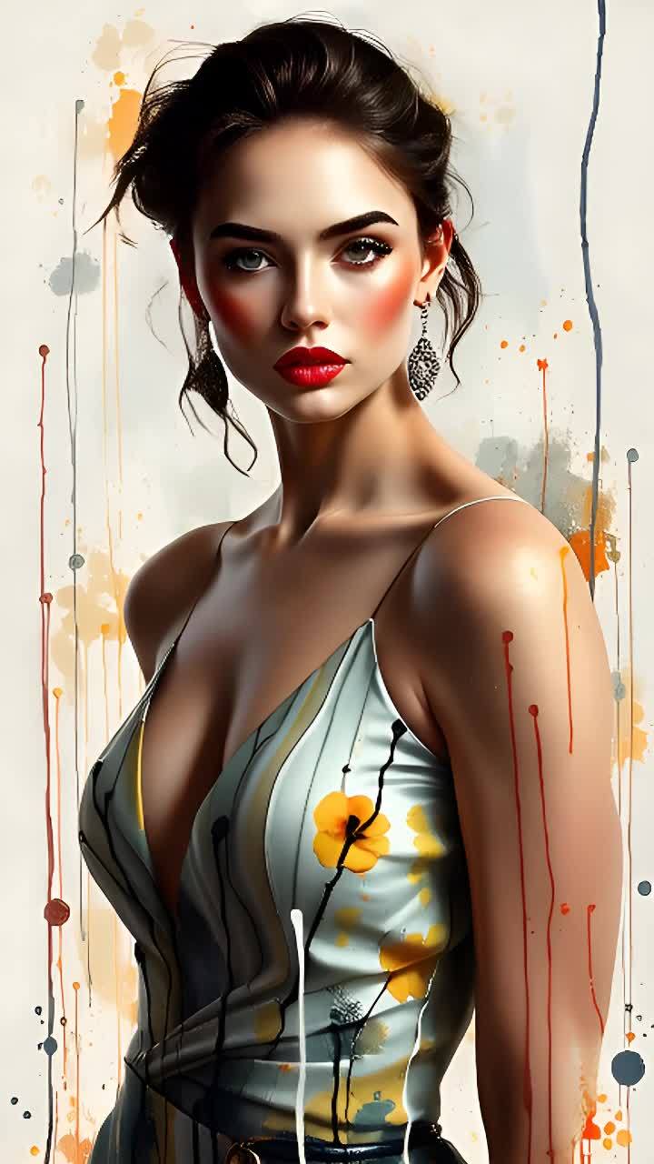 一个有着深色波浪长发的女性，身穿细肩带无袖碎花连衣