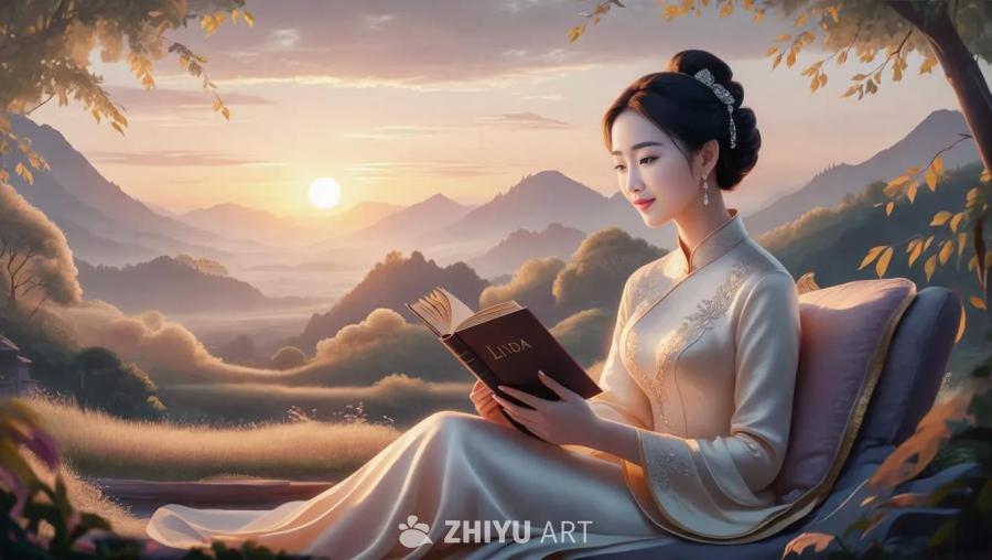 一位穿着浅色衣服的中国女性正坐在椅子上读书，书的封