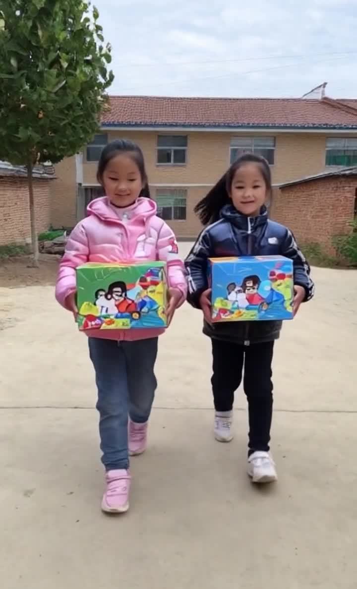 两个女孩抬着两个方形盒子行走在室外。女孩们穿着外套