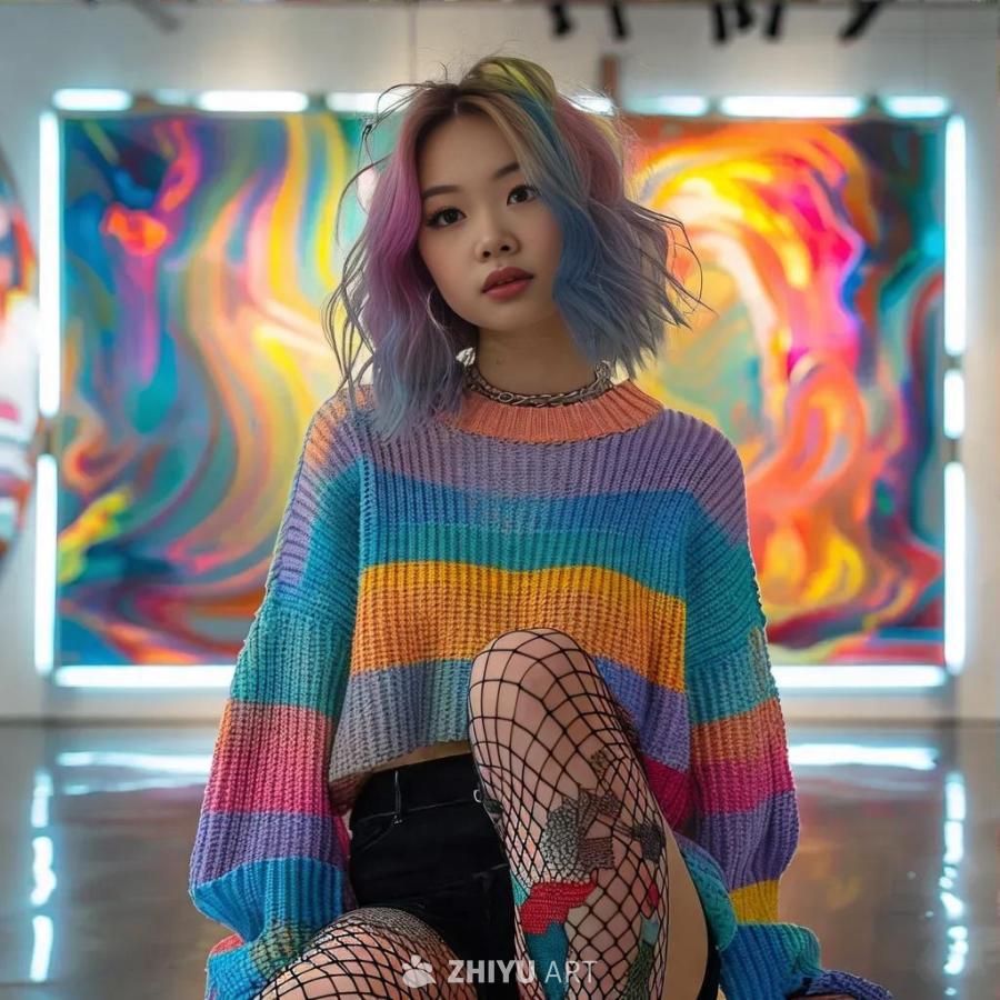 一位染着彩色渐变色头发的潮流女孩，身穿一件抢眼宽松