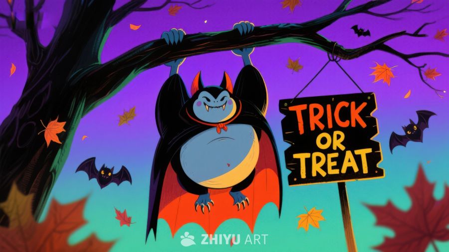 万圣节蝙蝠挂树上，手持“不给糖就捣蛋”牌子