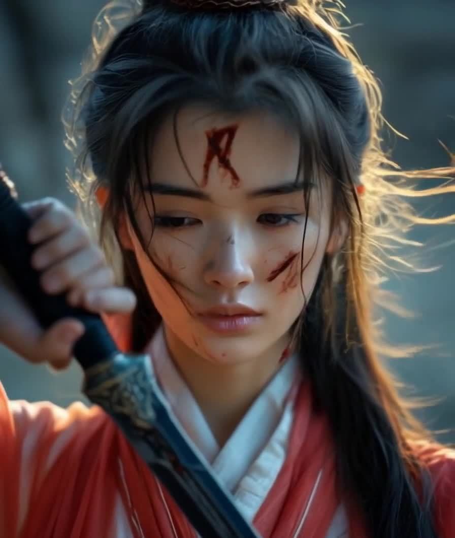 一位女子手持剑，头发略微飘动，眼睛慢慢闭上。女子的