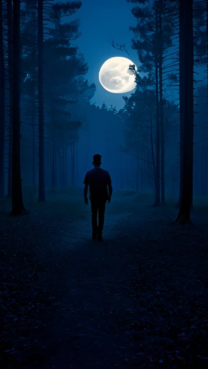夜晚森林里，一个人独自漫步在小径上。月光透过树木洒