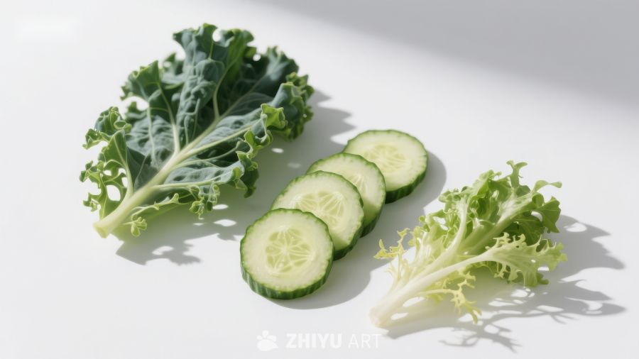 新鲜蔬菜组合：羽衣甘蓝、黄瓜片与生菜